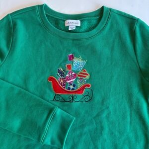 i.b.diffusion Womens Medium Embroidered Crewneck Sweatshirt Green Holdiay Sleigh